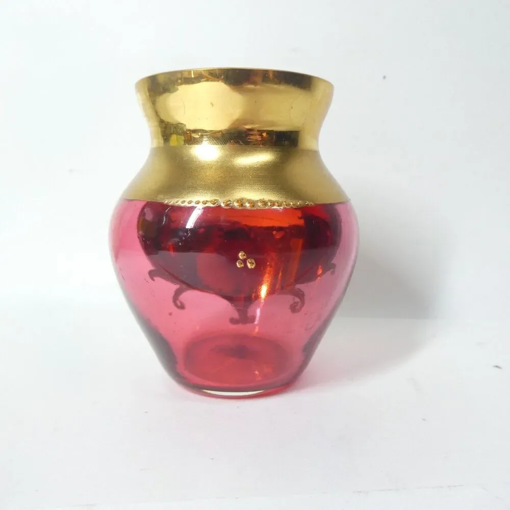 Cranberry Glass Vase Gold Flowers Bohemian Czech Vintage 3.5